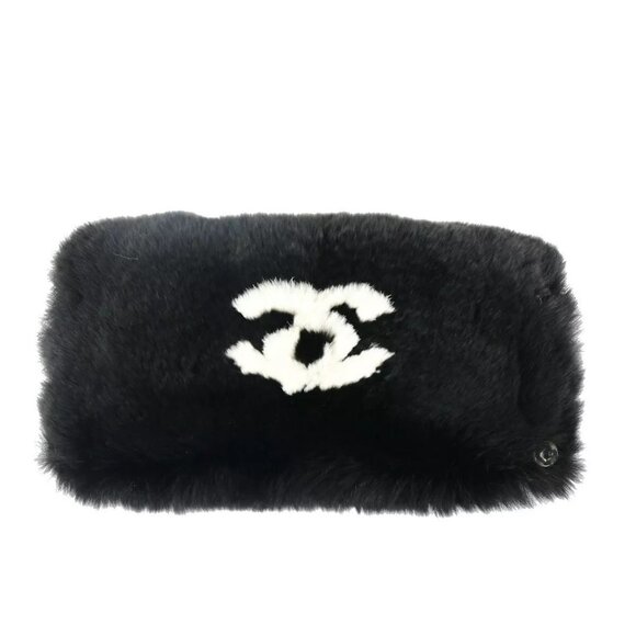 CHANEL CC Logo Wristband Bangle Bracelet Fur Black White France - Picture 1 of 10